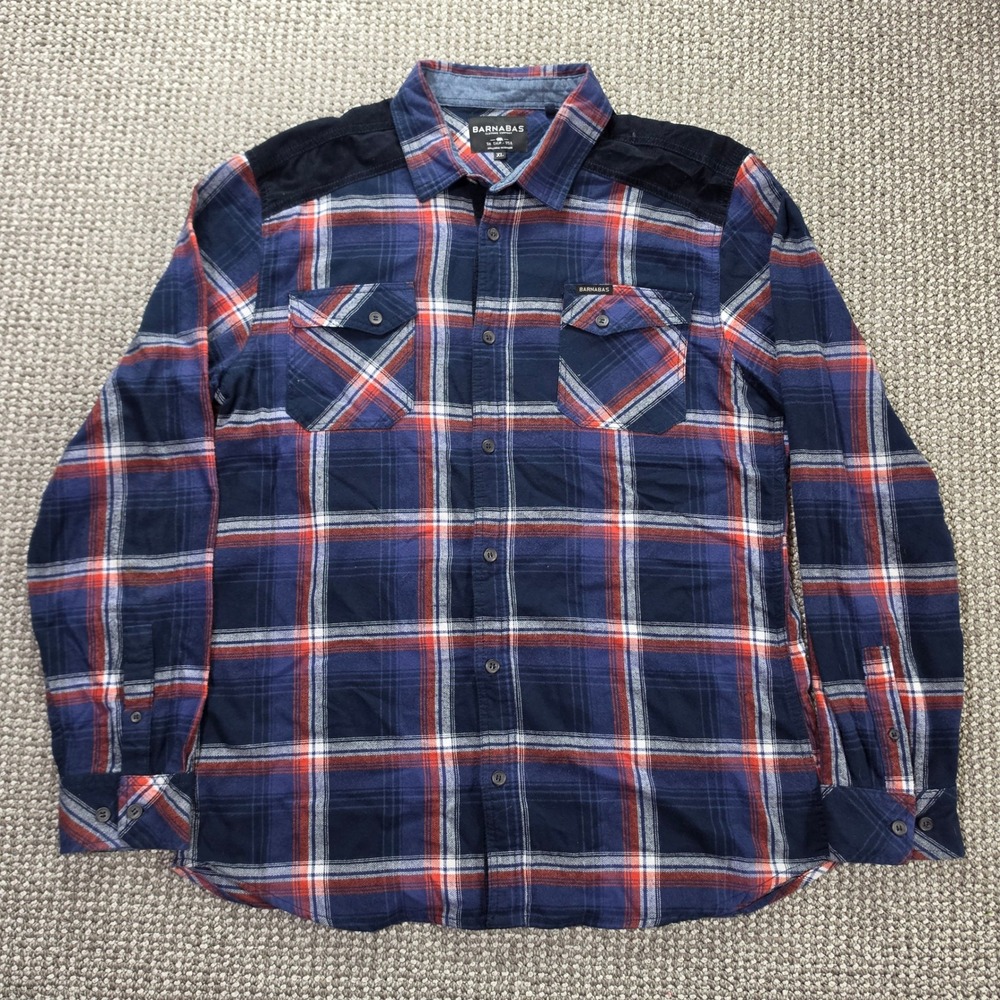 Barnabas Flannel Shirt Mens XL 5PW5024M Corduroy Yoke Plaid Navy Red White